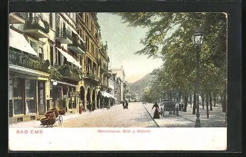 AK Bad Ems, Römerstrasse mit Kaiser-Café, Hôtel de Russie & Blick z. Bäderlei