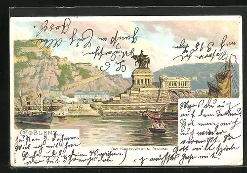 Lithographie Coblenz, Kaiser Wilhelm Denkmal