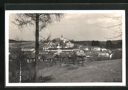 AK Slawitschin-Mladotitz, Blick über den Ort zur Kirche