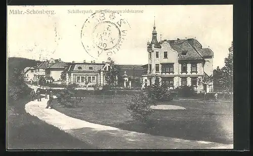 AK Mähr.-Schönberg, Schillerpark mit Bürgerwaldstrasse