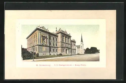 AK M.-Schönberg, K. K. Staatsgymnasium & Evangelische Kirche