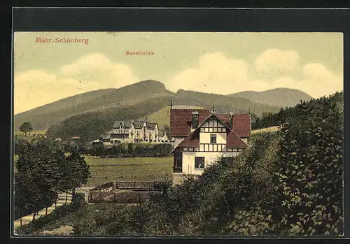 AK Mähr.-Schönberg, Ortspartie mit Sanatorium
