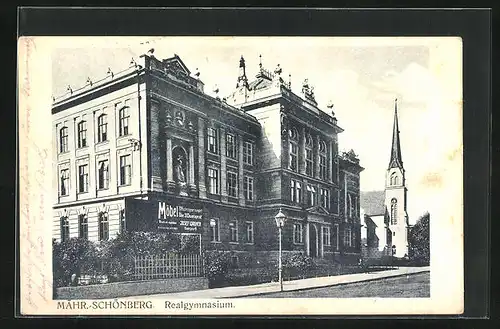AK Mähr.-Schönberg, Realgymnasium und Schild von Möbelgeschäft Josef Wagner, Badergasse 6