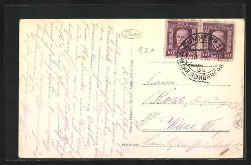 AK Mähr.-Schönberg, Realgymnasium und Schild von Möbelgeschäft Josef Wagner, Badergasse 6