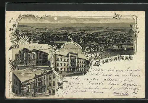 Mondschein-Lithographie Mähr. Schönberg, Hotel Deutsches Haus, Strassenpartie am Eichelbrennerplatz