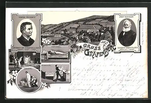 Lithographie Gräfenberg, Vinzenz Priessnitz, Bilder aus der Wasserheilanstalt