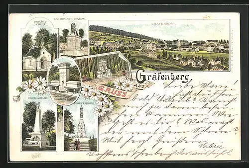 Lithographie Gräfenberg, Ungarisches Denkmal, Priesnitz Kapelle, Ortsansicht