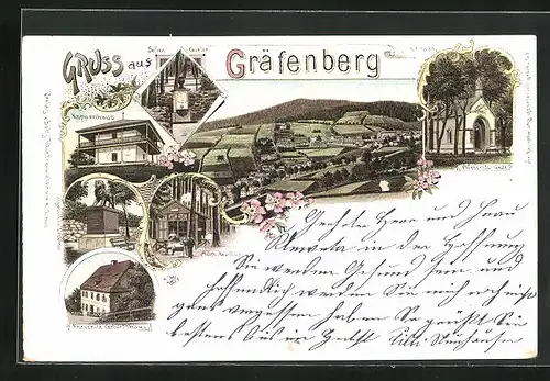 Lithographie Gräfenberg, Koppenhaus, Priessnitz Geburtshaus, Ortsansicht