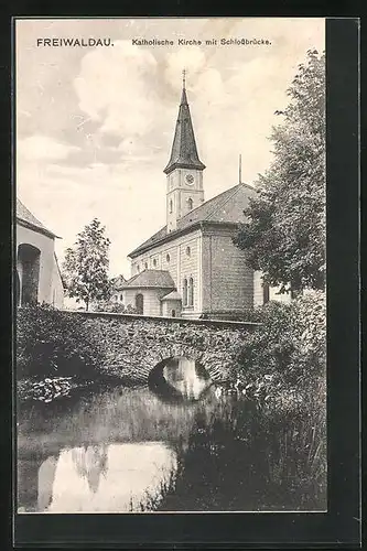 AK Freiwaldau, Katholische Kirche mit Schlossbrücke