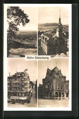 AK Mähr.-Schönberg, Grand Hotel an der Bahnhofstrasse, Vereinshaus, Rathaus