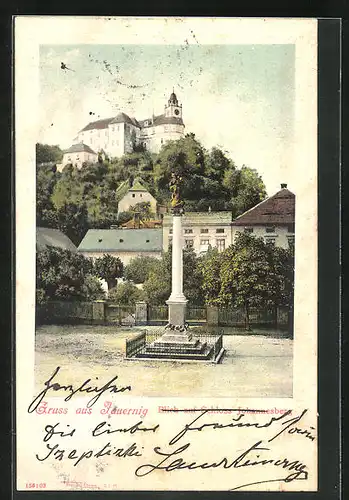 AK Jauernig, Mariensäule und Schloss Johannesberg