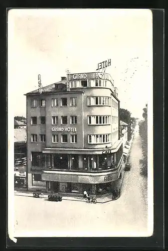 AK Mährisch Schönberg /Mor. Sumperk, Bahnhofstrasse mit Grand Hotel, Nádrazni trida