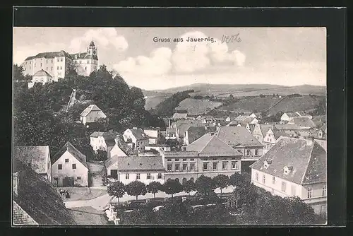 AK Jauernig, Schloss auf Berg mit Ort