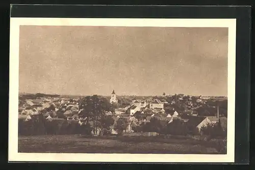 AK Mikulovice, Panorama der Stadt mit Kirchturm