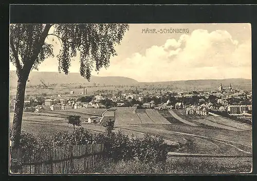 AK Mähr.-Schönberg, Panorama der Stadt mit Feldern