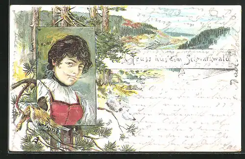 Lithographie Frau in schwarzwälder Tracht