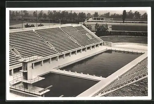 AK Berlin, Reichssportfeld, Blick von der Deutschen Kampfbahn auf das Schwimmstadion, Olympia