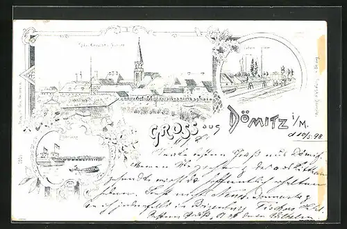 Lithographie Dömitz i. M., Hafen, Elbbrücke, Totalansicht