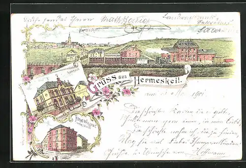Lithographie Hermeskeil, Hotel Wagner, Rathaus, Panorama mit Bahnhof