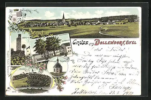 Lithographie Dollendorf /Eifel, Gräfl. Gerichtsstätte, Ostturm, Burgberg m. Ruine