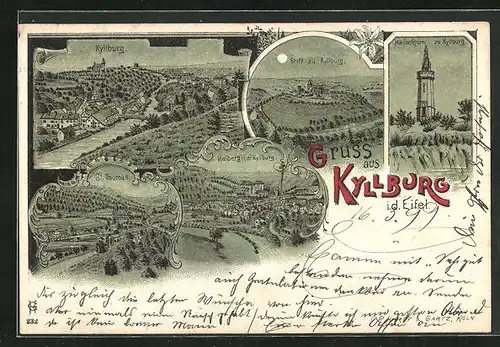 Mondschein-Lithographie Kyllburg i. d. Eifel, St. Thomas, Marienthurm, Stift