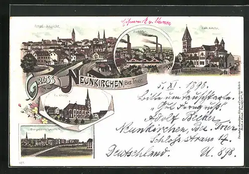 Lithographie Neunkirchen Bez. Trier, Bergmanns Lazareth, Hochöfen, Kath. Kirche