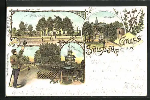 Lithographie Sülsdorf, Gasthof J. Wienke, Gartenpartie, Dorfstrasse