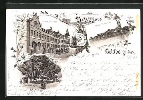 Lithographie Goldberg /Meckl., Brunnen-Hotel, Kloster Dobbertin, Brunnen-Allee