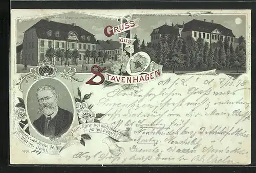 Mondschein-Lithographie Stavenhagen, Fritz Reuter, Rathaus, Geburtshaus
