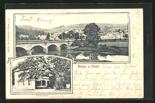AK Berga a. Elster, Gasthaus Schützenhaus, Teilansicht mit Brücke