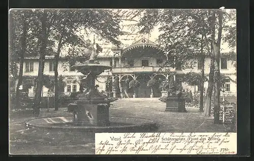 AK Wesel, Schützenplatz und Gasthof Schützenhaus mit Brunnen, Front des Zeltes