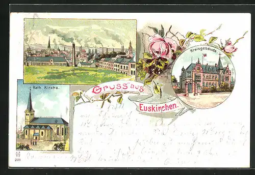 Lithographie Euskirchen, Teilansicht, Kreisgebäude, Katholische Kirche