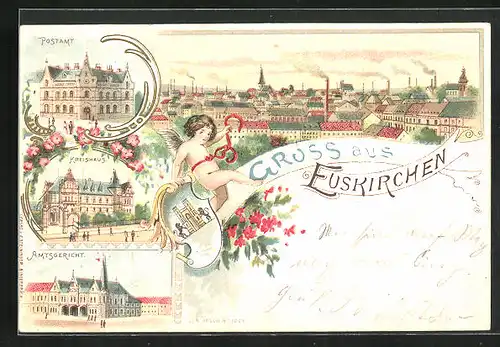 Lithographie Euskirchen, Kreishaus, Amtsgericht, Postamt