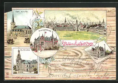 Lithographie Euskirchen, Kreisgebäude, Katholische Kirche, Post-Gebäude