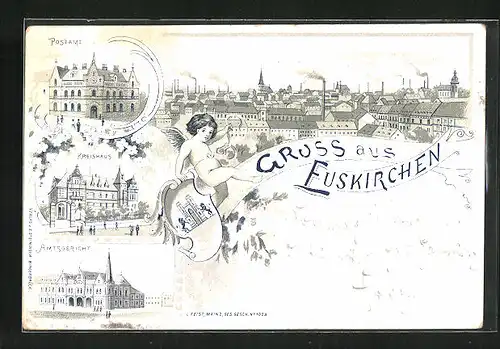 Lithographie Euskirchen, Kreisgebäude, Postamt, Amtsgericht