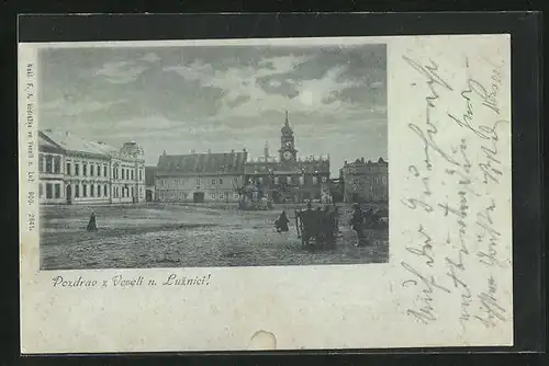 Mondschein-AK Veseli n. Luznici, Marktplatz mit Rathaus