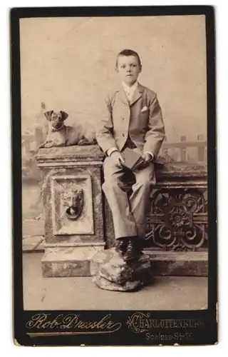 Fotografie Rob. Dressler, Berlin-Charlottenburg, Portrait junger Knabe im Anzug posiert mit seinem Hund