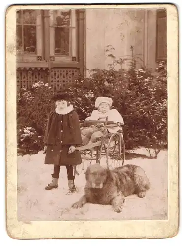 Fotografie Fotograf unbekannt, Radebeul, Mädchen mit Baby im Kinderwagen & Hund im Schnee liegend 1904
