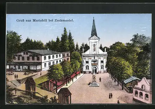 Künstler-AK Mariahilf bei Zuckmantel, Gasthof neben Kirchplatz