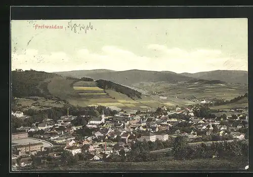 AK Freiwaldau, Panorama mit Gebirgszug