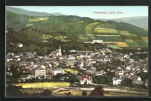AK Freiwaldau, Gesamtansicht der Stadt mit Kirche und Feldern