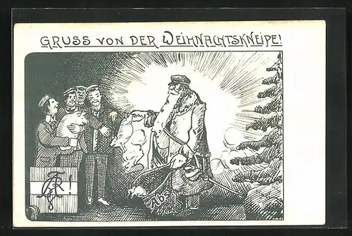 AK Gruss von der Weihnachtskneipe, Weihnachtsmann mit Ferkel, studentische Szene