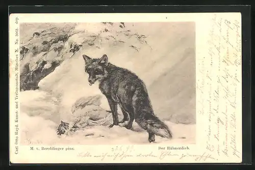 AK Der Hühnerdieb, Fuchs mit einem Huhn im Schnee, Private Stadtpost