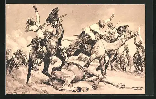 Künstler-AK Curt Schulz-Steglitz: Suez, Gefecht der Türken mit indischen Kamelreitern am Suezkanal 1914-15