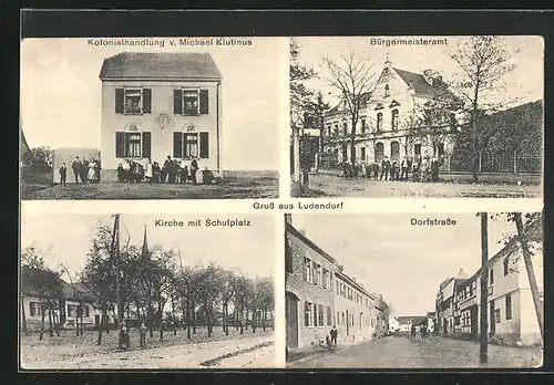 AK Ludendorf, Kolonialhandlung von Michael Klutinus, Kirche mit Schulplatz, Bürgermeisteramt