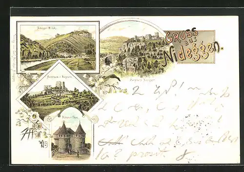 Vorläufer-Lithographie Nideggen, 1894, Nidegger Brück, Hauptturm der Burgruine, Dürener Tor