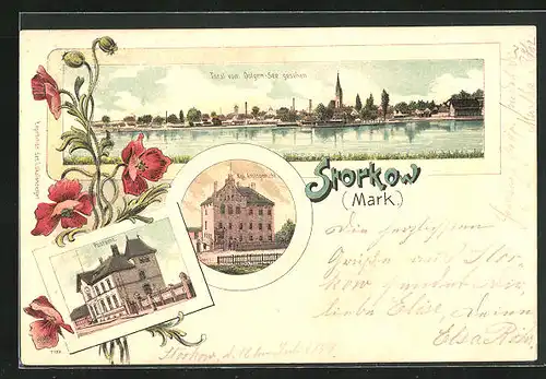 Lithographie Storkow /Mark, Totalansicht vom Dolgen-See gesehen, Postamt, Königliches Amtsgericht