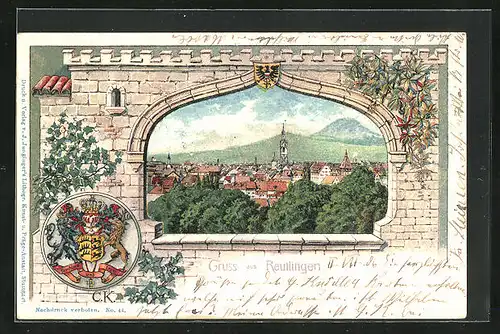 Passepartout-Lithographie Reutlingen, Teilansicht, Wappen