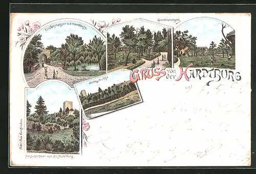 Lithographie Euskirchen, Gasthaus Hardtburg, Einfahrtstor, Gartenanlagen