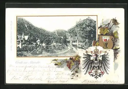 Passepartout-Lithographie Altenahr, Wappen, Flusspartie mit Brücke